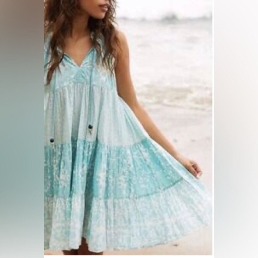 Ro’s garden womens cotton pullover tiered mini dress light blue print S coverup